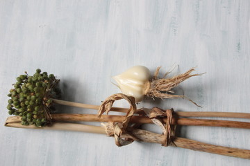 sand leek  (Allium scorodoprasum, rocambole, Korean pickled-peel garlic, wild onion) parts on whitw background