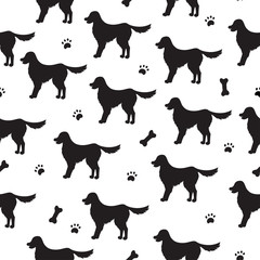 Seamless pattern with cartoon black silhouette dog. Golden retriever. Vector.