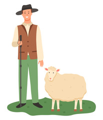 Shepherd with sheep vector, isolated male wearing uniform and hat on head holding wooden stick and tending for sheep, flat style breeding mammal care