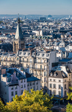 France, Paris, 4th arrondissement, view on the bell tower of the curch Saint-Severin, from the towers of the Cathedral Notre-Dame