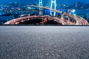 Papier Peint photo Pont de Nanpu Empty road and Nanpu bridge at night in Shanghai,China