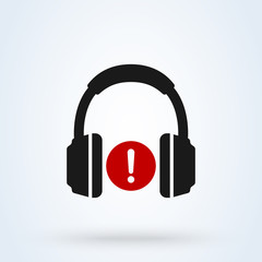 Headphones technology icon with exclamation mark. Simple modern design illustration.