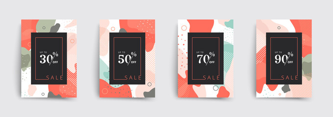 Set of sale brochures templates. Memphis cover template 30 off, 50, 70, 90 percent sale label symbols, discount promotion icon. Trendy colorful bubble shapes composition. Vector backgrounds.