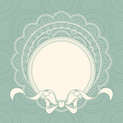 Vintage background with lace frame and ribbon for greeting card, invitation or announcement