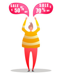 Cartoon character points to the sale badges. Vector illustration on white background in cartoon style