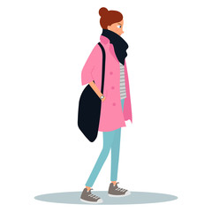 Young woman dressed in coat and holding a bag. Female cartoon character isolated on white background. Street style look. Vector illustration on white background in cartoon style