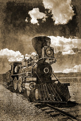 Simulated early photograph of an American Steam locomotive