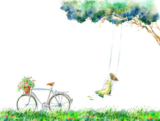 Girl on swing in the flower field.Rural landscape with tree and bicycle. Summer picture. White background.Watercolor hand drawn illustration.