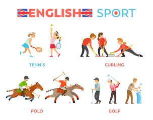 English sport vector, tennis and polo, golf and curling competition among people flat style. Boys and girl leading active lifestyle, animal horses