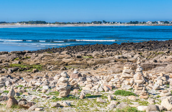 France, Brittany, Bay of Audierne, Penmarch, Pors Carn beach seen from the headland of la Torche and Saint-Guenole in the distance