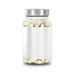 Glass jar with medicines labeled. Bottle of supplement capsules isolated on white.