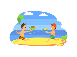 Kids playing with guns loaded with water vector, children on summer vacations. Fighting by aqua boys at coastline, vector happy kids at seaside having fun