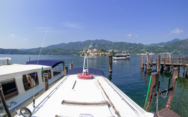 motorboats connect Orta with San Giulio island. Orta lake - Italy