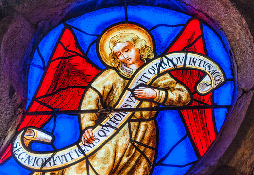 France, Brittany, Monts d'Arree, Plonovez du Faou, details of the stained glass of the curch Saint Herbot (16th century)