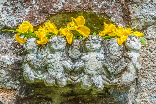 France, Brittany, Landevennec, font of the chapel Folgoat (1645)