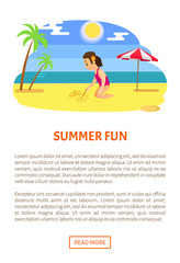 Summer fun, girl sitting and drawing by stick on beach, smiling child in swimsuit. Sunny weather, palm tree and parasol, vacation vector. Website or webpage template, landing page flat style
