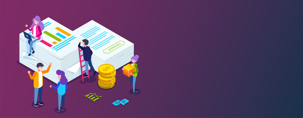 Financial report concept. People do paperwork concept design. Can use for web banner, infographics, hero images. Flat isometric vector illustration.