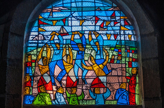 France, Brittany, Douamenez, Treboul, stained glass representing a folk dance (Mandatory credit: by R. Querre and J.P le Bihan) in the chapel Saint-Jean