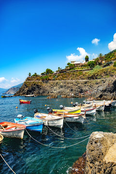 Manarola, Liguria, Italy - August 08, 2018 - view on  small boat sin the harbor
