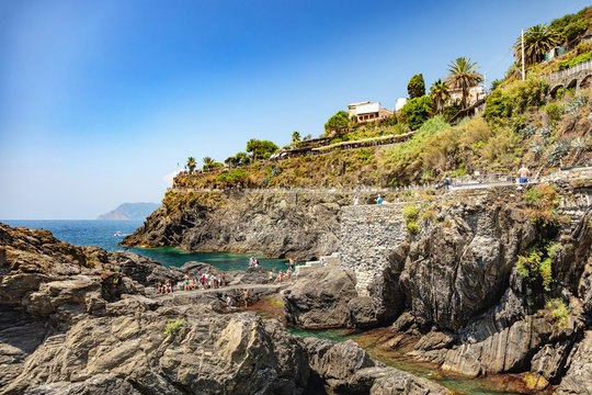 Manarola, Liguria, Italy - August 08, 2018 - view of part of the coast