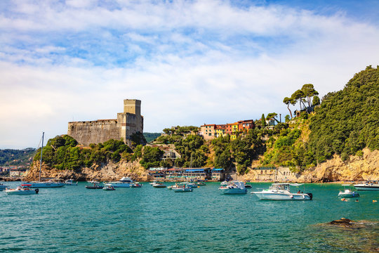 Lerici,Five lands, Liguria, Italy - 15 August 2018 - view of the sea bay, boats, fortress and houses