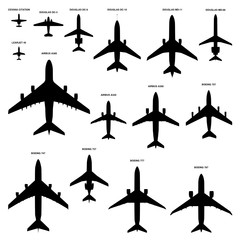 Vector collection of 15 commercial passenger airplanes silhouettes top view isolated on white background. Set of the most famous airliners with the real proportions.  - obrazy, fototapety, plakaty