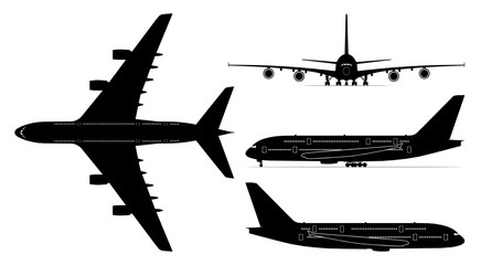 Vector set of four passenger jetliner illustrations (Airbus A380) isolated on white background. Editable EPS file available.  - obrazy, fototapety, plakaty