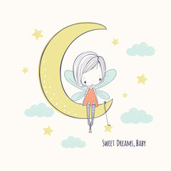 Little fairy girl on the moon. Childish doodle vector illustration