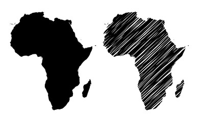 Vector illustration of the black silhouette of Africa continent isolated on white background - contour version and grunge doodle sketchy style version. High quality full Editable eps file available. 