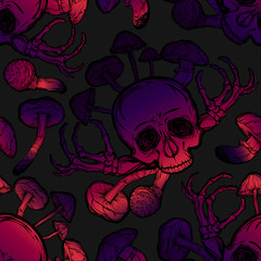 Halloween. Vector illustration. Skull, mushrooms, bones. Handmade, prints on T-shirts, background gray, tattoos, Violet blue colors, seamless pattern
