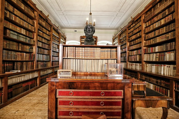 Historic library with waffle ceiling and Socrates bust