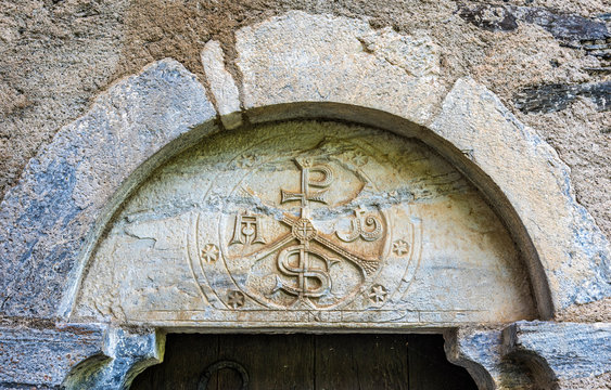 France, Hautes-Pyrenees, Vallee d'Aurec, Aragnouet Le Plan, Notre-Dame de l'Assomption chapel also known as Chapelle des Templiers (Chapelle des Hospitaliers de Jerusalem) (12th-13th century) Saint James way (UNESCO World Heritage) Chi-Rho