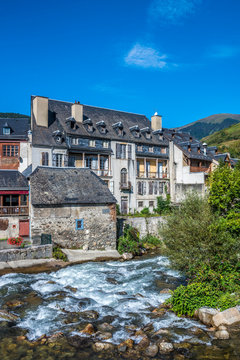 France, Hautes-Pyrenees, vallee d'Aure, Arreau, the Neste river of the Louron and the house of Pic-Molie (19th century, house belonging to one of the leading citizens) Saint James way