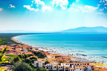 Castiglione della Pescaia, Liguria, Italy, August 20, 2018: Panoramic view of houses and beach