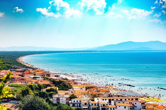 Castiglione della Pescaia, Liguria, Italy, August 20, 2018: Panoramic view of houses and beach