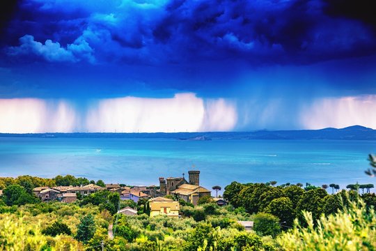 Panoramic view of a storm at Lake Bolsena, Rocca Monaldeschi della Cervara, Viterbo, Italy
