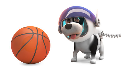 Funny puppy dog in spacesuit playing with basketball, 3d illustration