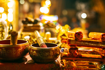 Shiny colorful Tibetan singing bowls at Indian market