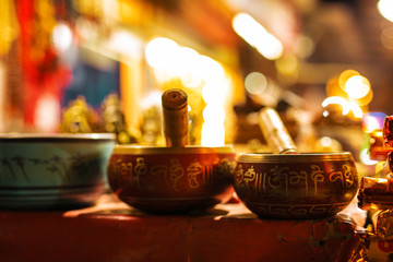 Shiny colorful Tibetan singing bowls at Indian market