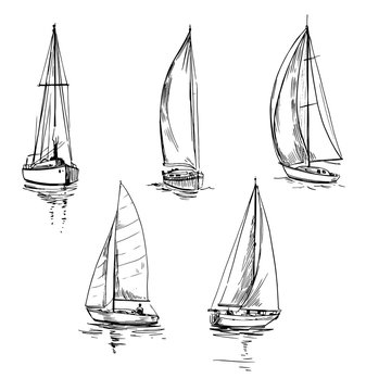 Set of outlines of yachts. Hand drawn illustration converted to vector