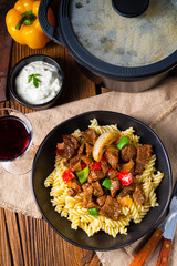 Fussili noodle with klaschise spicy goulash and paprika