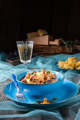 pappardelle with cheese sauce and fresh chanterelles