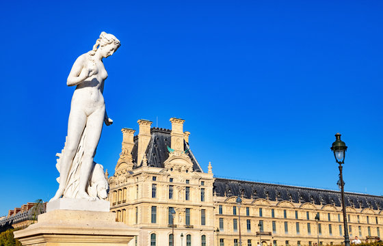 France, Paris, October 5, 2018: View of a statue of a nymph and Tuileries
