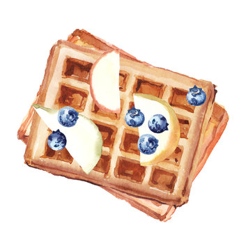 Watercolor Hand Drawn Waffles Dessert Illustration Isolated On White Background