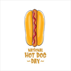 National hot dog day poster with funny cartoon hot dog. Hot dog day label or print for tee isolated on white background