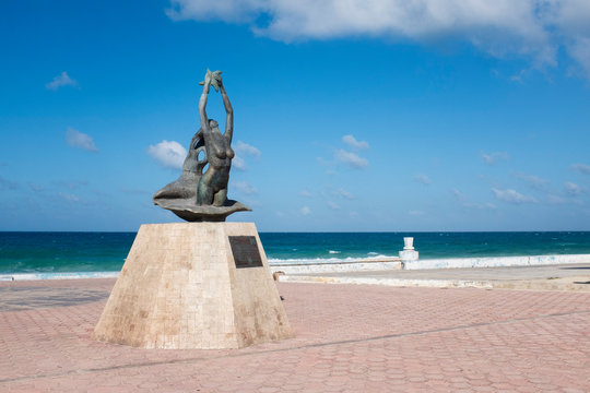 Statue of the mermaid called "Triguena" on the island of Isla Mujeres, Quintana Roo, Mexico