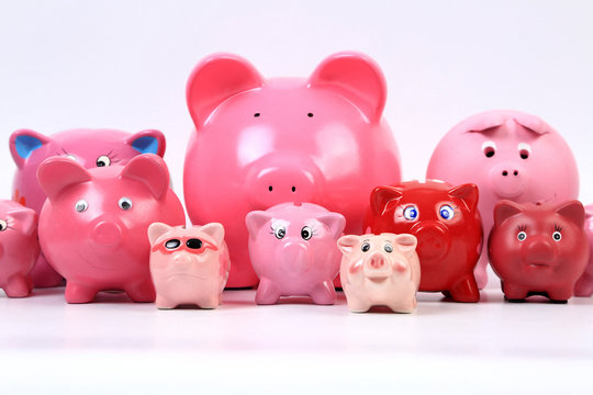 Still life of a group of piggy banks