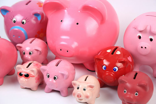 Still life of a group of piggy banks