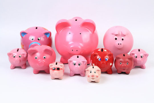 Still life of a group of piggy banks