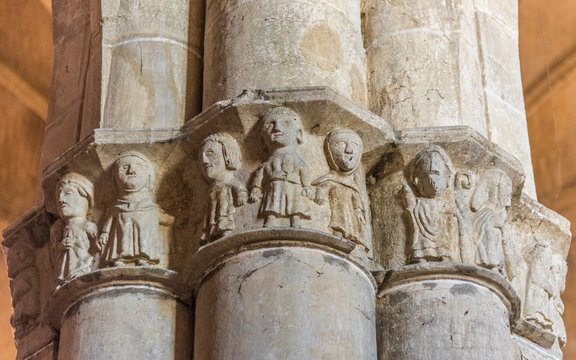 France, Gers, Marciac, sculpted capital in the church Notre Dame de l'Assomption (Saint James way)